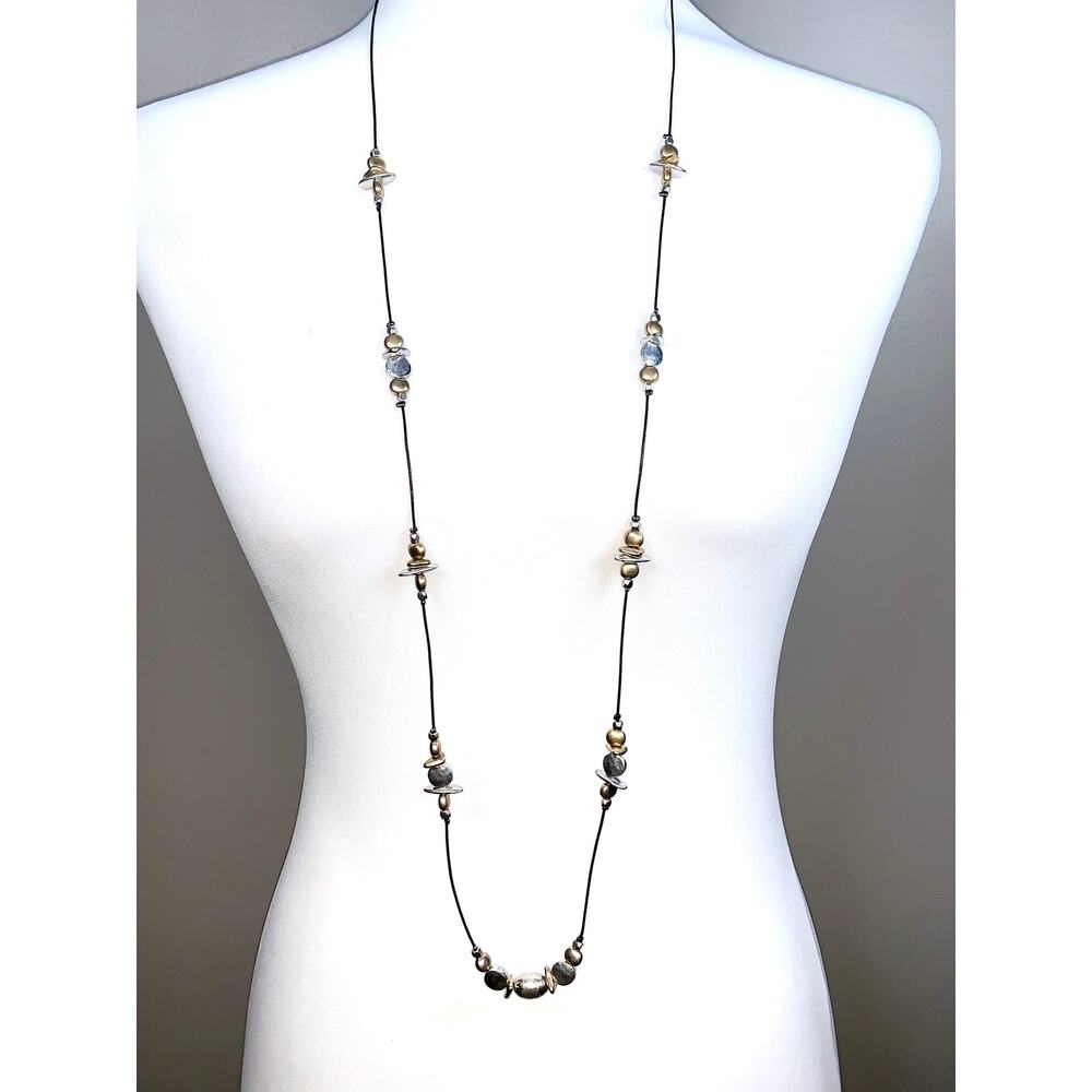 Chico's Mix Metal Nuggets Wax Cord Steel Pendant Cluster Necklace